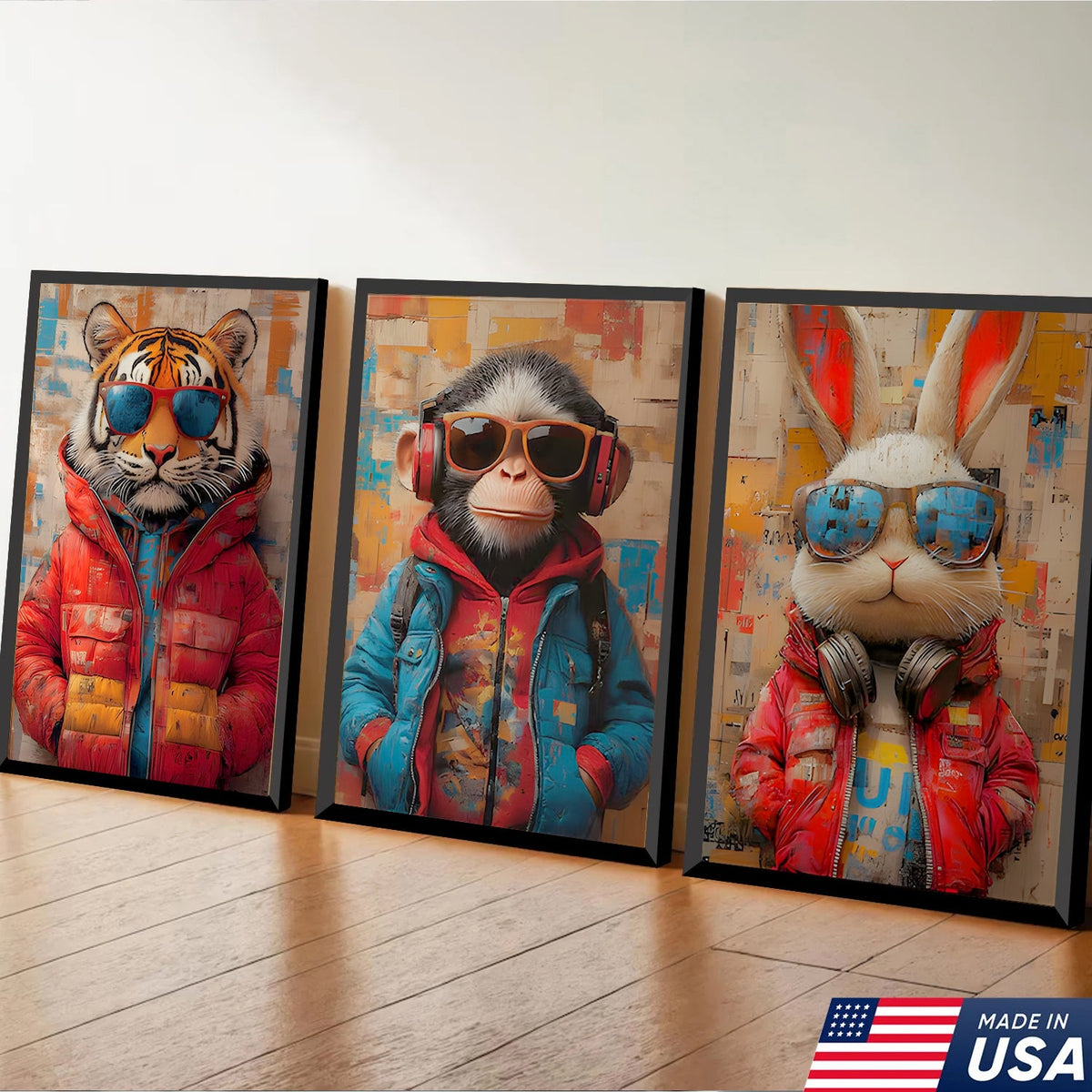 Urban Cool Animals Triptych Canvas Wall Art Set, Tiger Monkey Rabbit Street Art Portraits