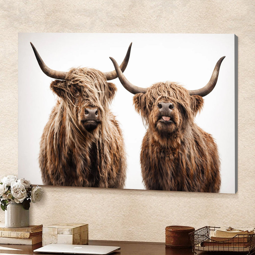 Highland Cow Duo Canvas Wall Art, Rustic Farm Animal Portrait