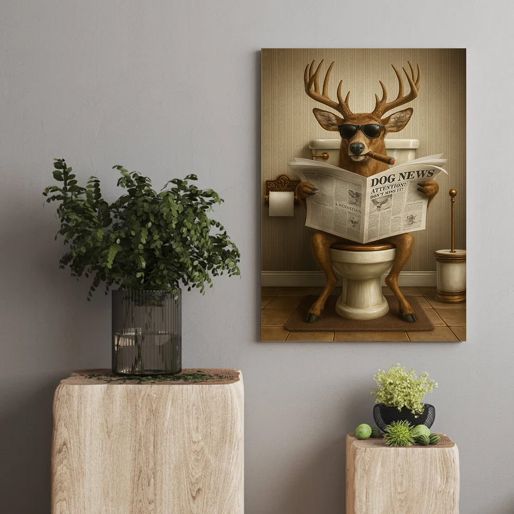 Funny Deer on Toilet Canvas – Hilarious Animal Art Print with SunGlasses and Smoking Reading Newspaper.