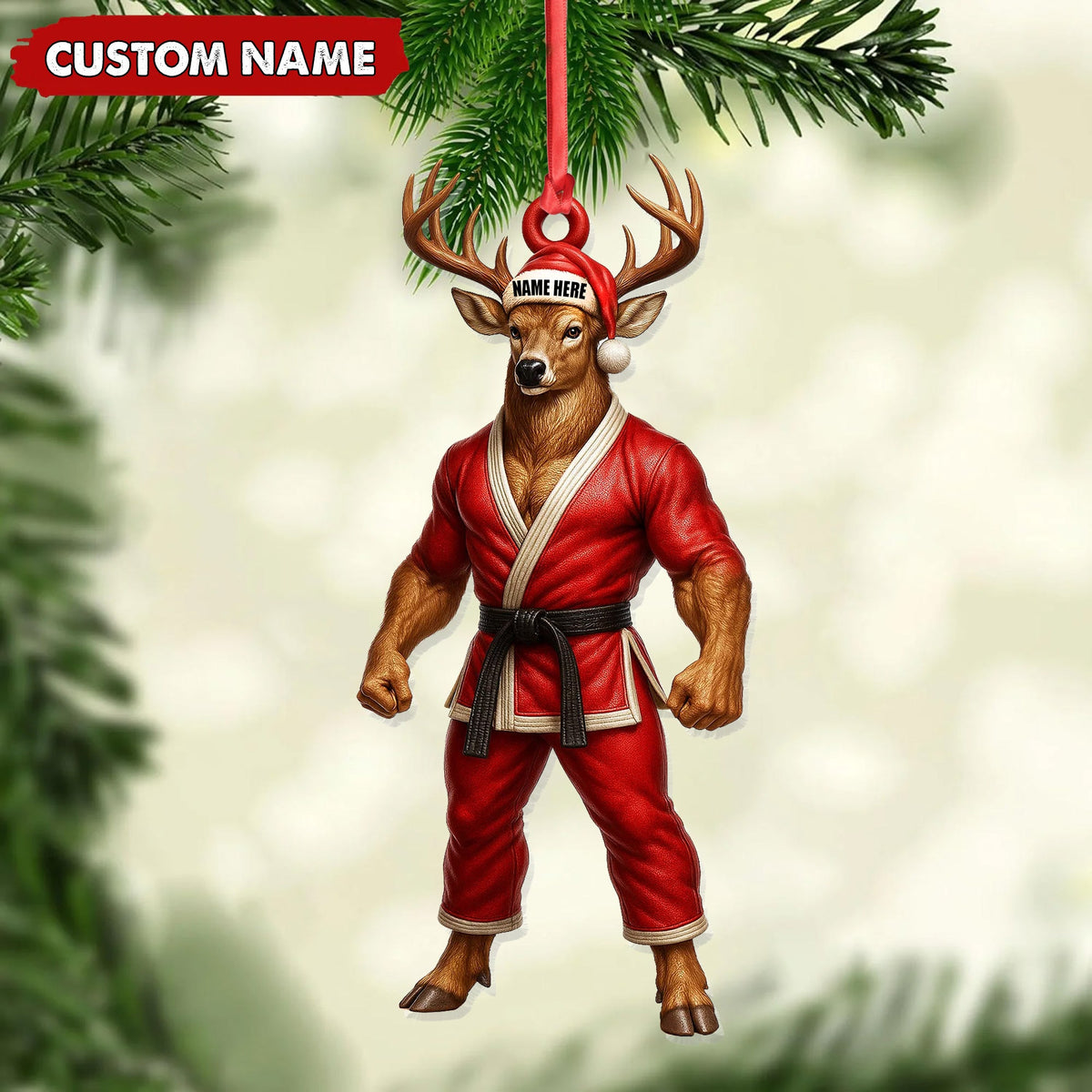 Personalized Karate Deer Ornament, Custom Name Martial Arts Christmas Decoration