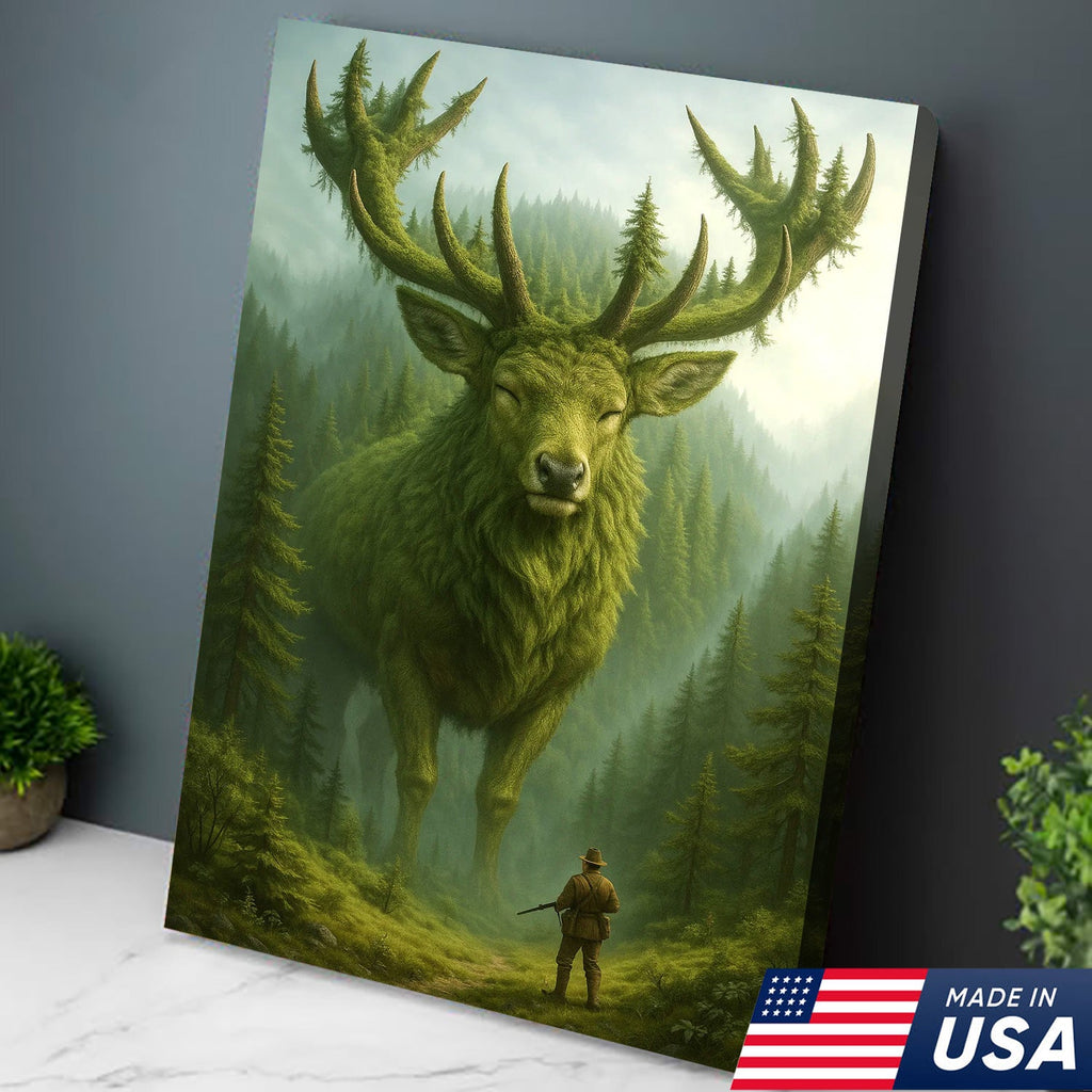Forest Spirit Deer Wall Art Canvas, Giant Moss Elk with Hunter Fantasy Landscape
