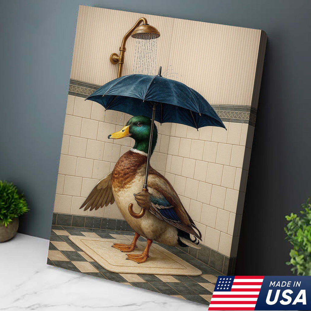 Duck with Umbrella in Shower Canvas Wall Art, Quirky Bathroom Wall Decor