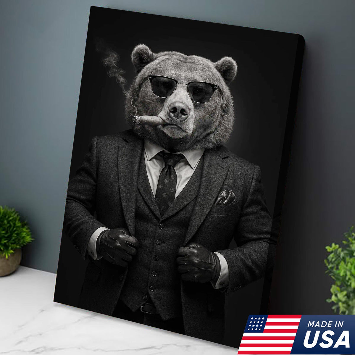 Bear in Suit Canvas Wall Art, Black and White Animal Portrait, Modern Office Decor for Men