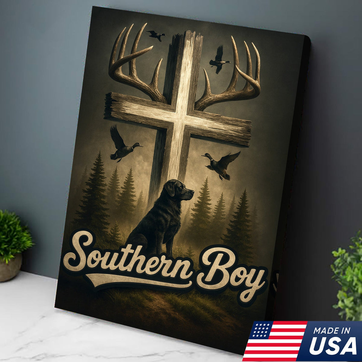 Southern Boy Canvas Wall Art, Deer Antler Cross with Labrador Retriever and Flying Ducks