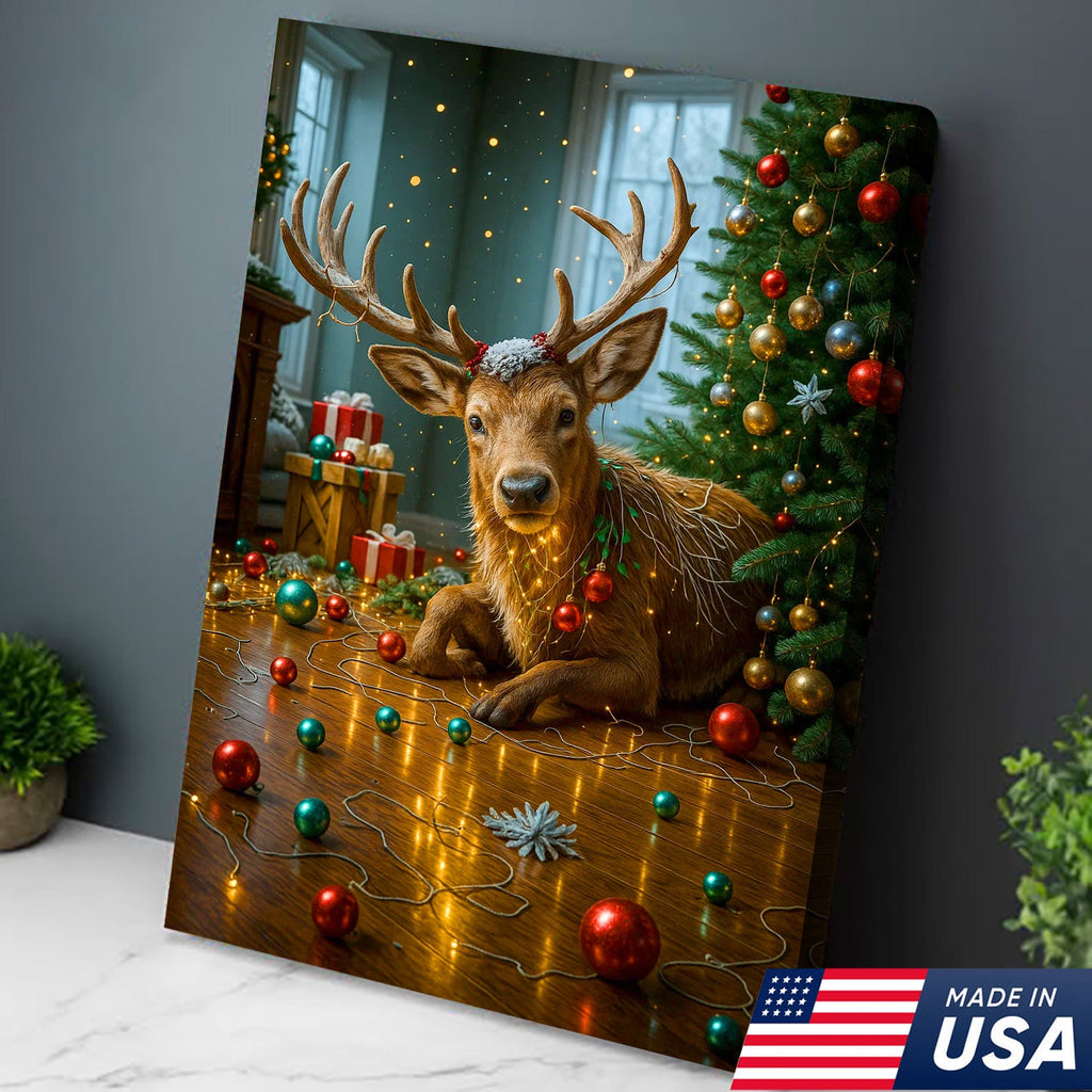 Christmas Reindeer Living Room Canvas Wall Art, Cute Deer With Christmas Tree and Ornaments