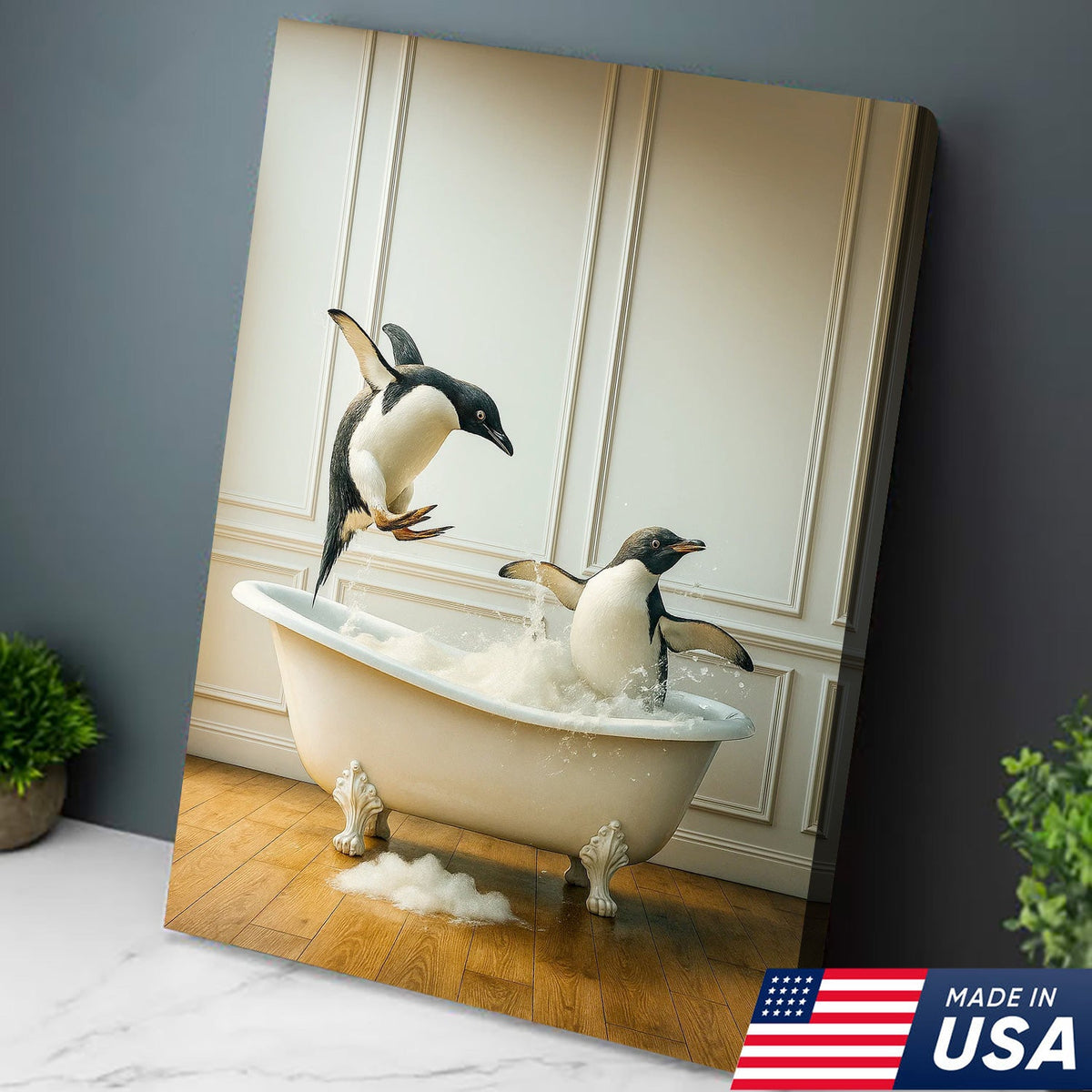 Playful Penguin Bubble Bath Wall Art Canvas, Jumping Penguins in Bathtub Bathroom Decor