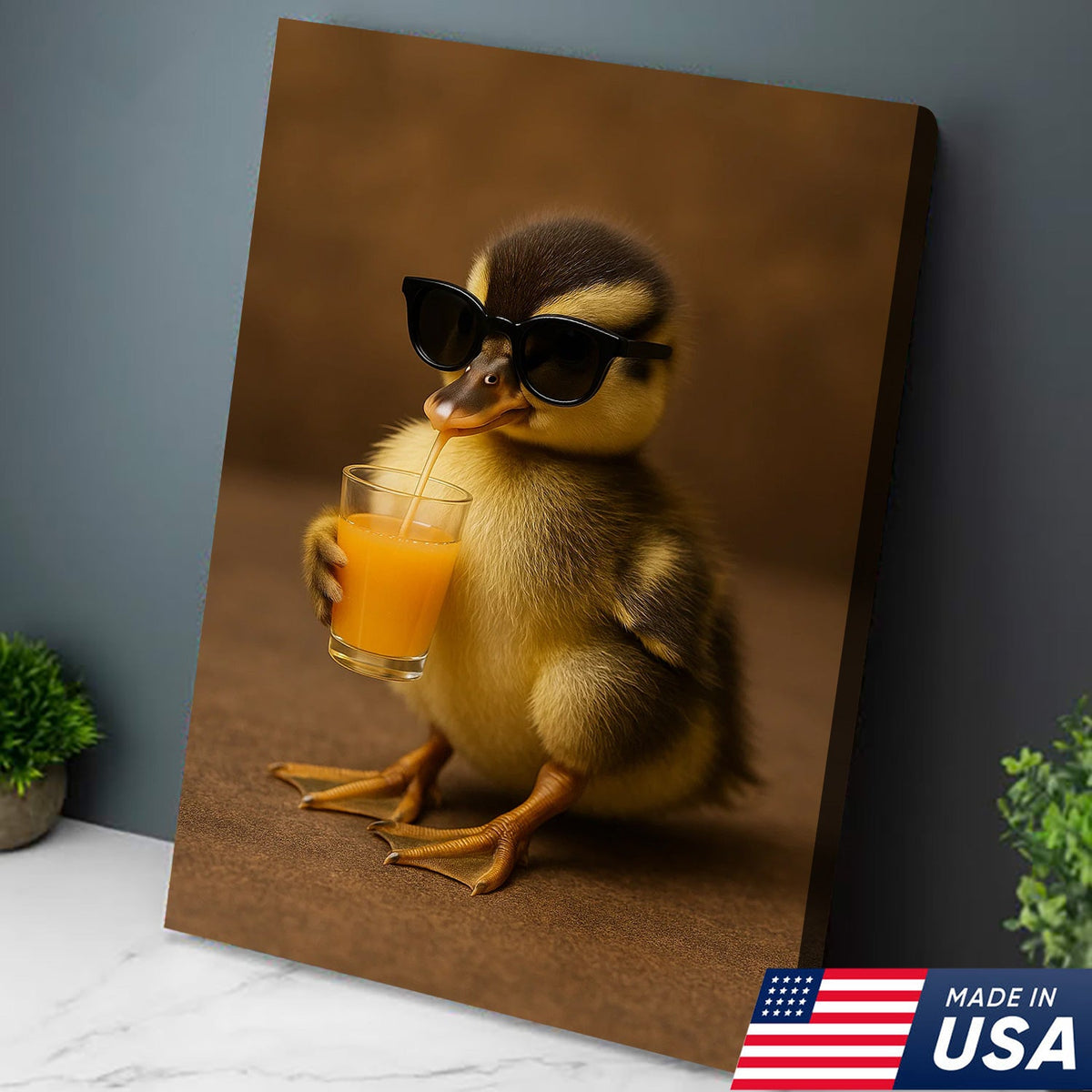 Funny Duckling Canvas Wall Art, Cute Baby Duck Drinking Juice Print
