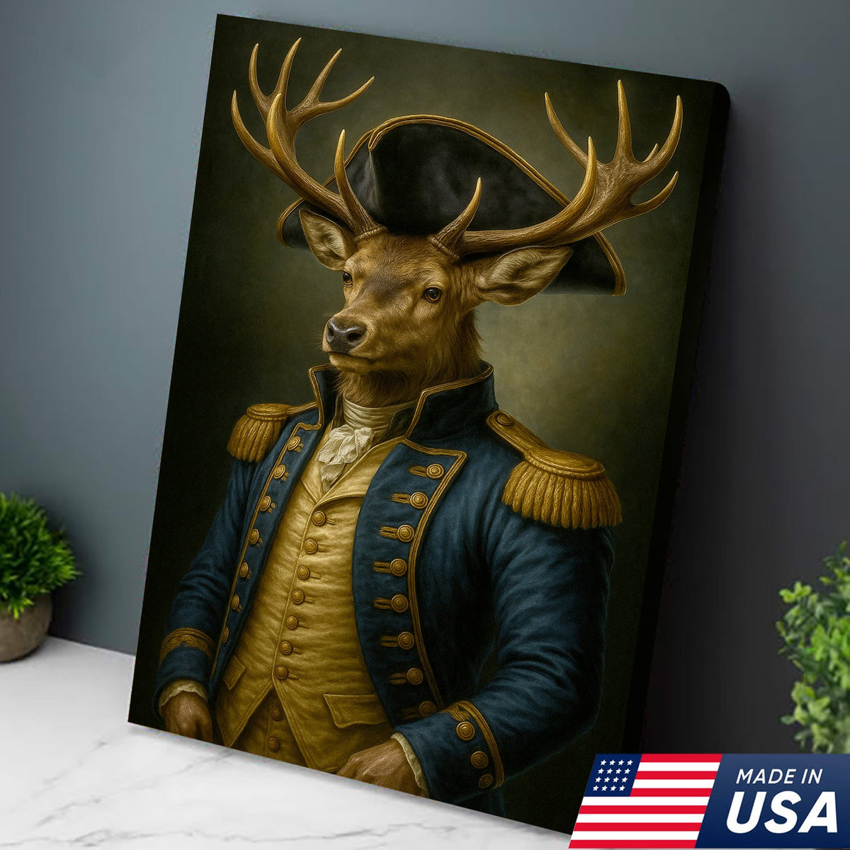 Regal Deer Admiral Wall Art Canvas – Vintage Noble Animal Portrait for Home & Cabin Decor