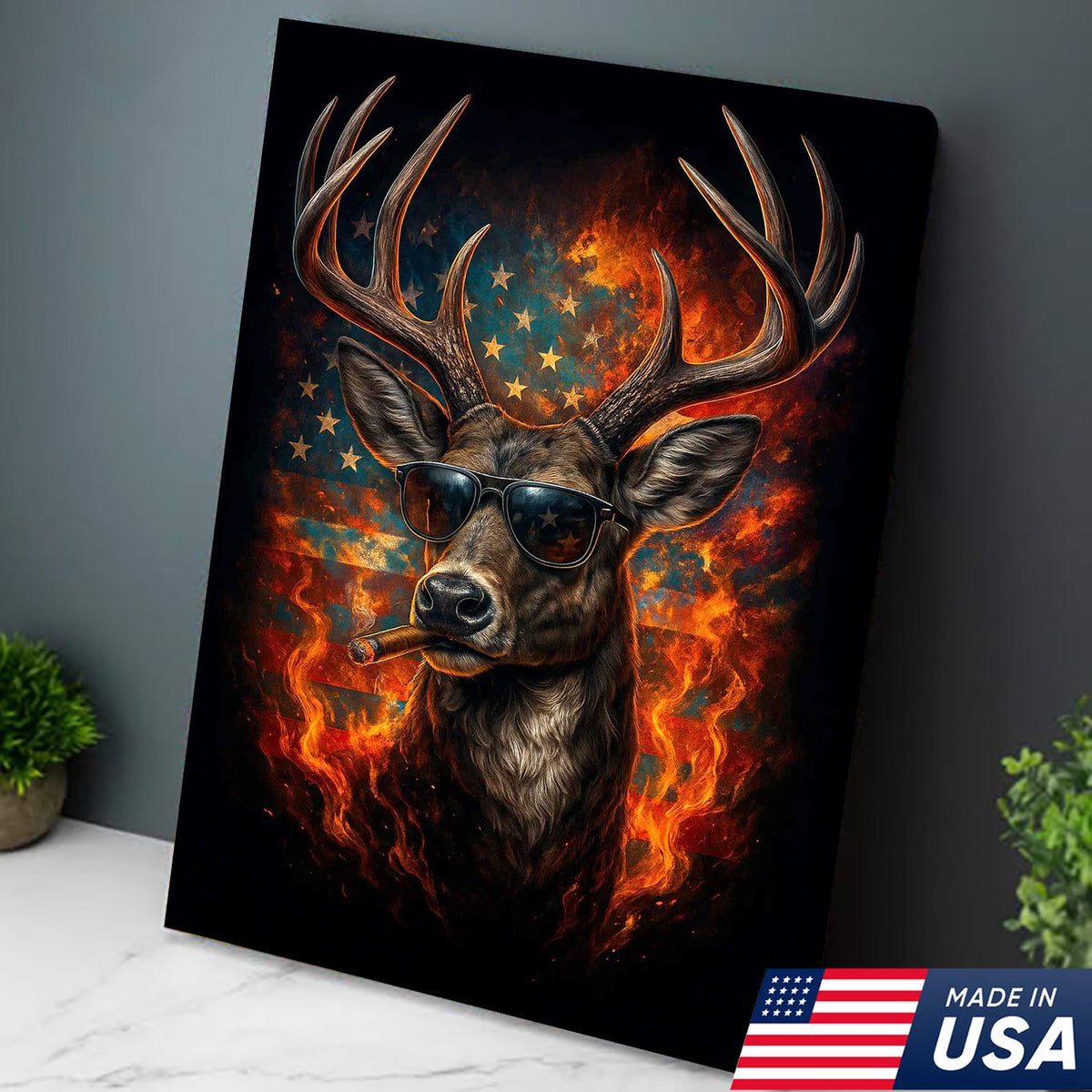 Patriotic Deer Wall Art Canvas – Cool Buck with Sunglasses and American Flag