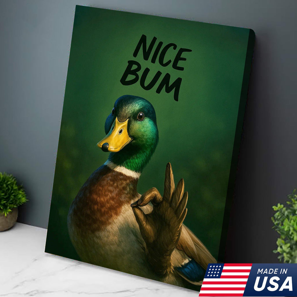 Cheeky Duck Canvas Wall Art – Funny Mallard Humor Print – Playful Rustic Lodge Bathroom Decor