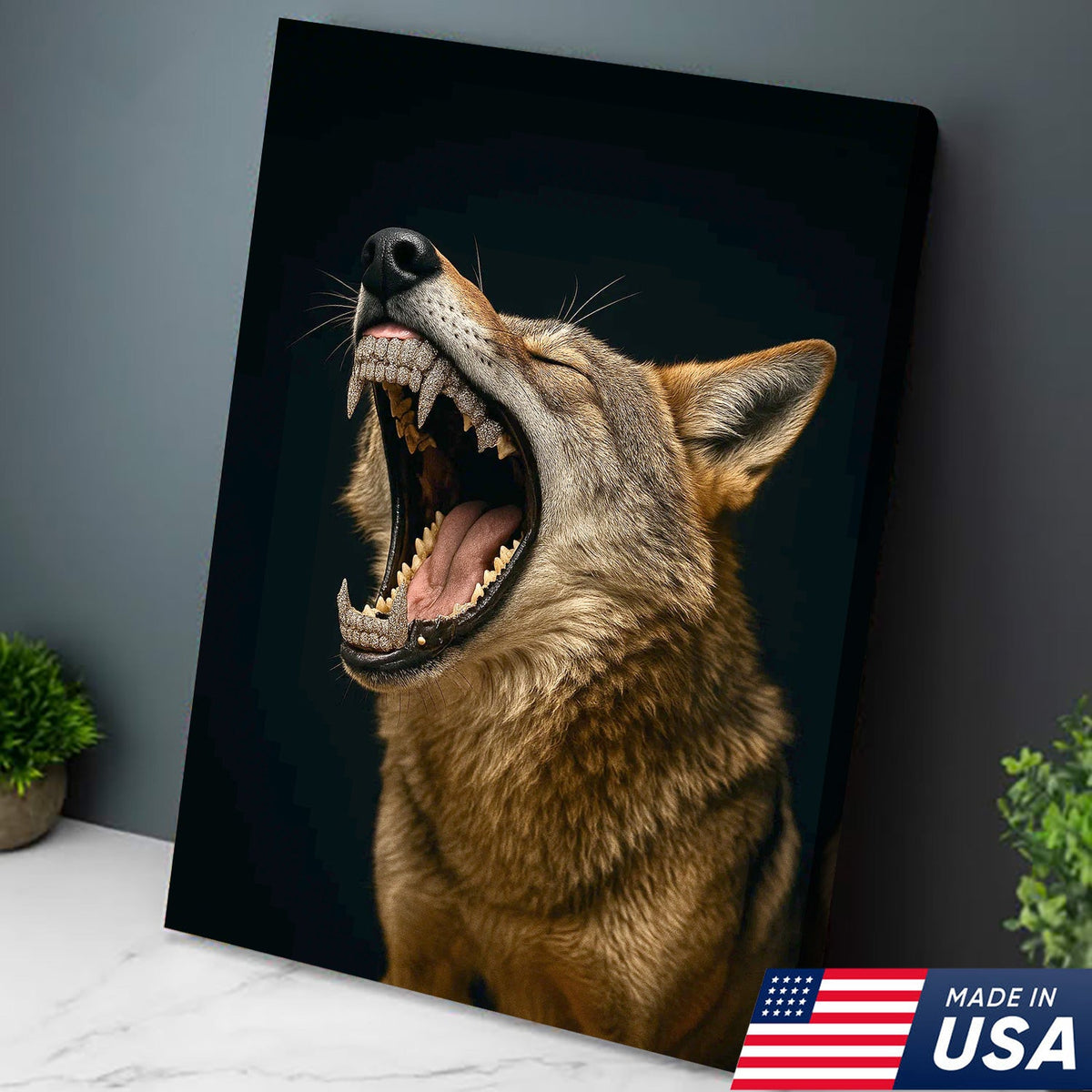 Roaring Wolf Canvas Wall Art, Fierce Animal Portrait Artwork, Rustic Wildlife Decor