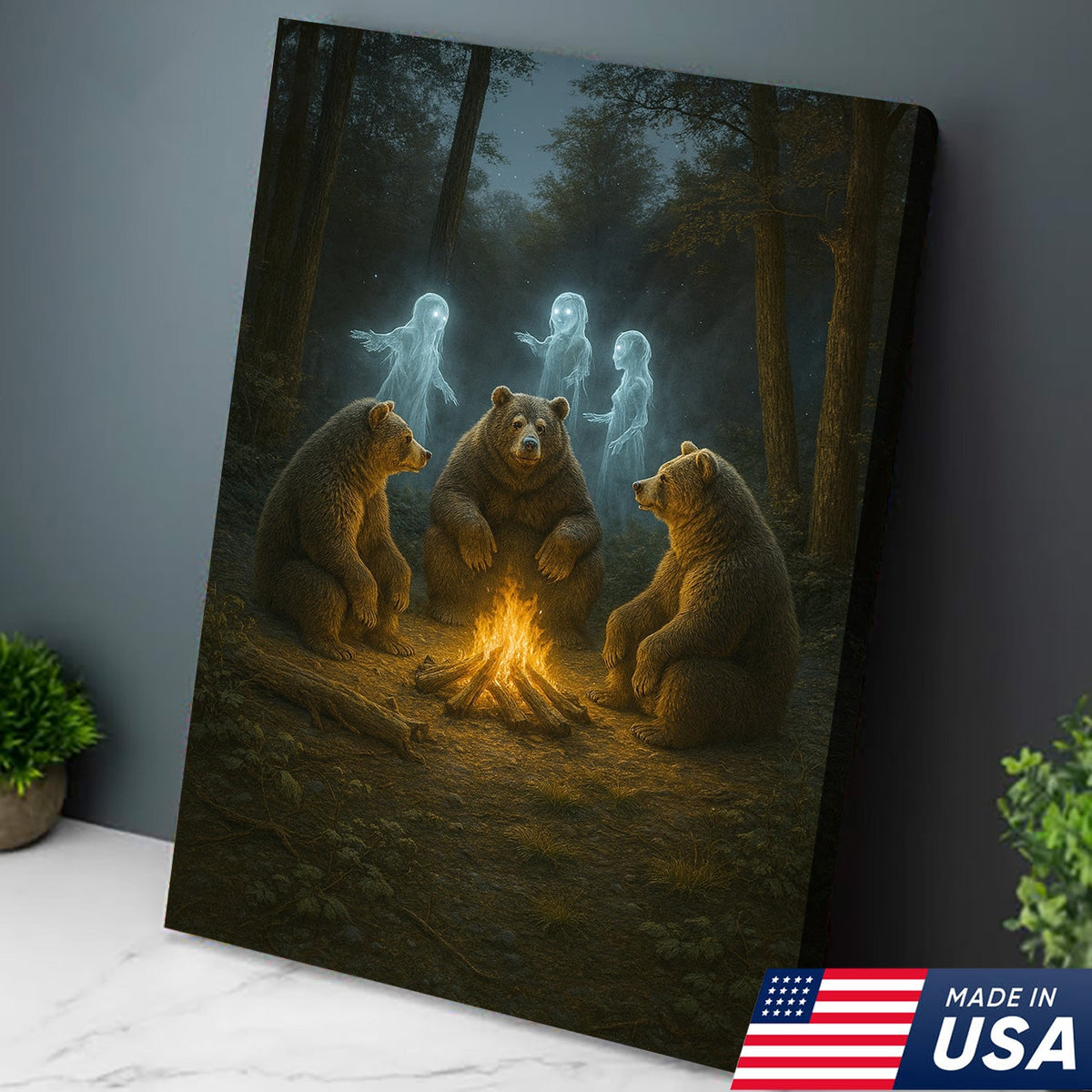 Ghost Bear Campfire Wall Art Canvas – Spooky Forest Spirit Canvas Print for Halloween Decor