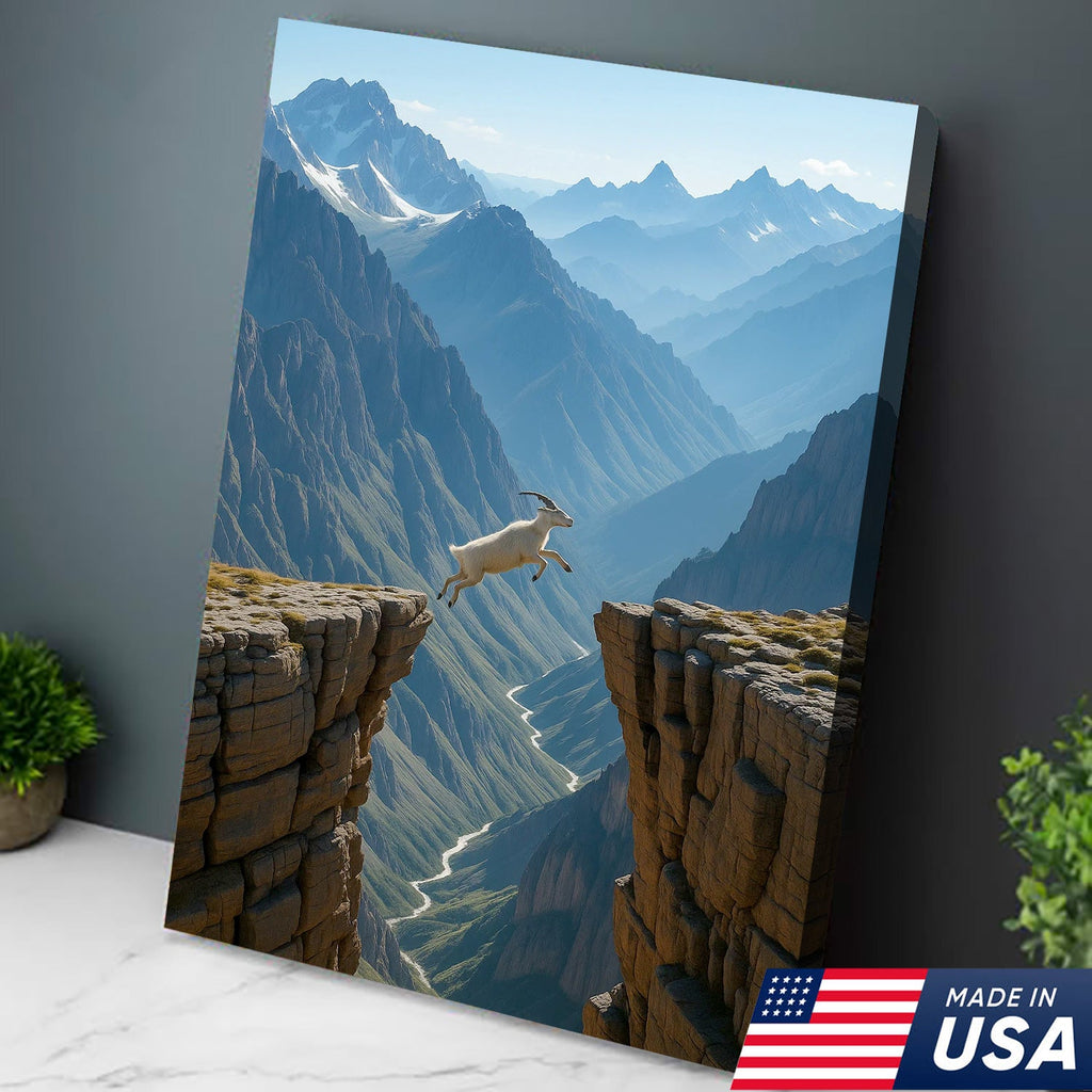 Mountain Goat Cliff Jump Canvas Wall Art, Alpine Canyon Landscape Print
