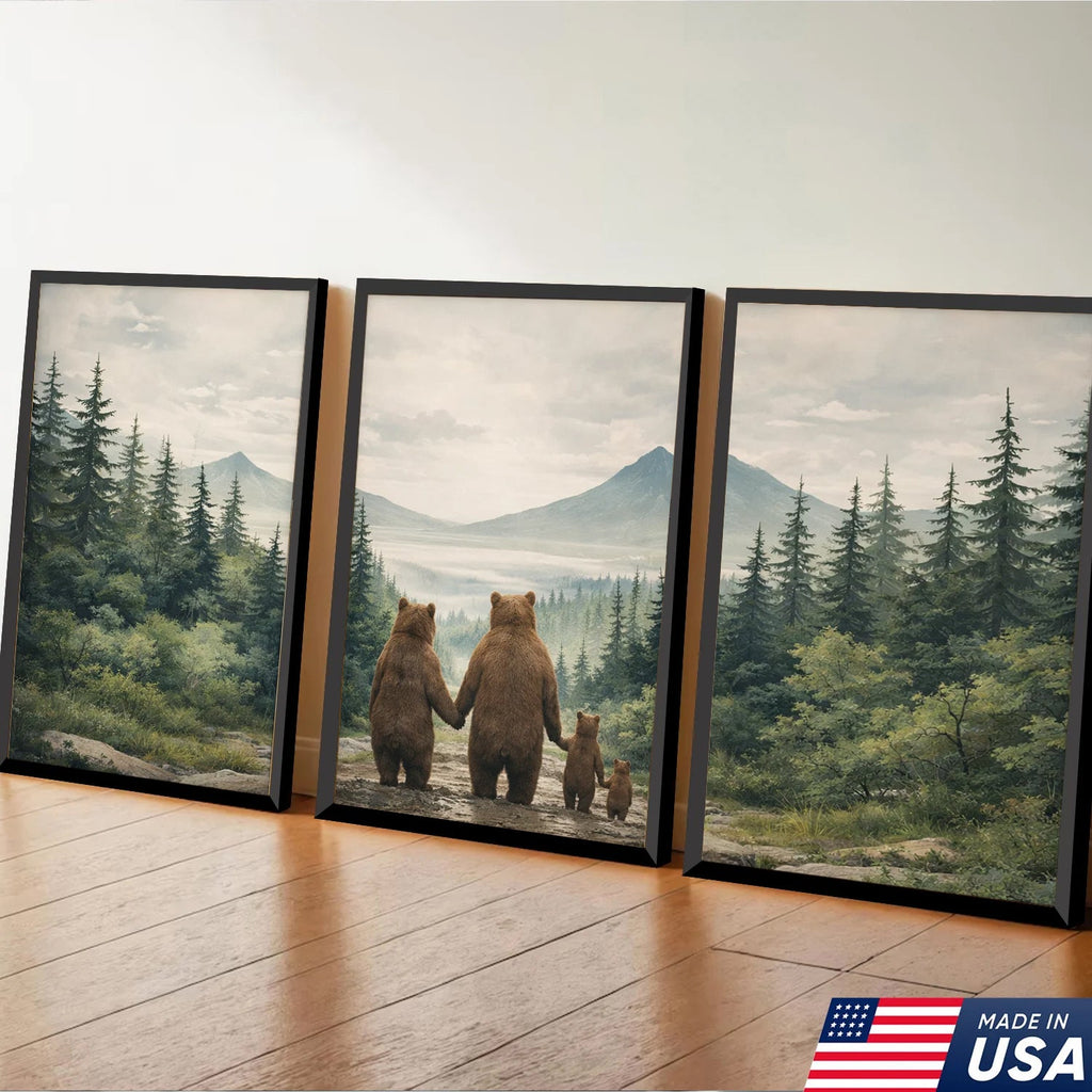 Bear Family Forest Triptych Canvas Wall Art Set, Peaceful Wildlife Landscape with Cubs