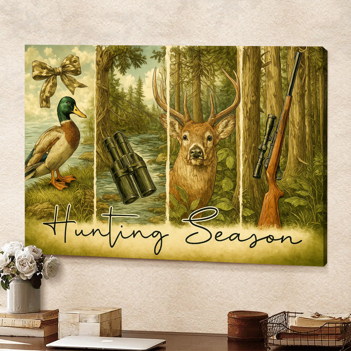 Hunting Season Canvas Wall Art, Deer and Duck Vintage Wildlife Scene