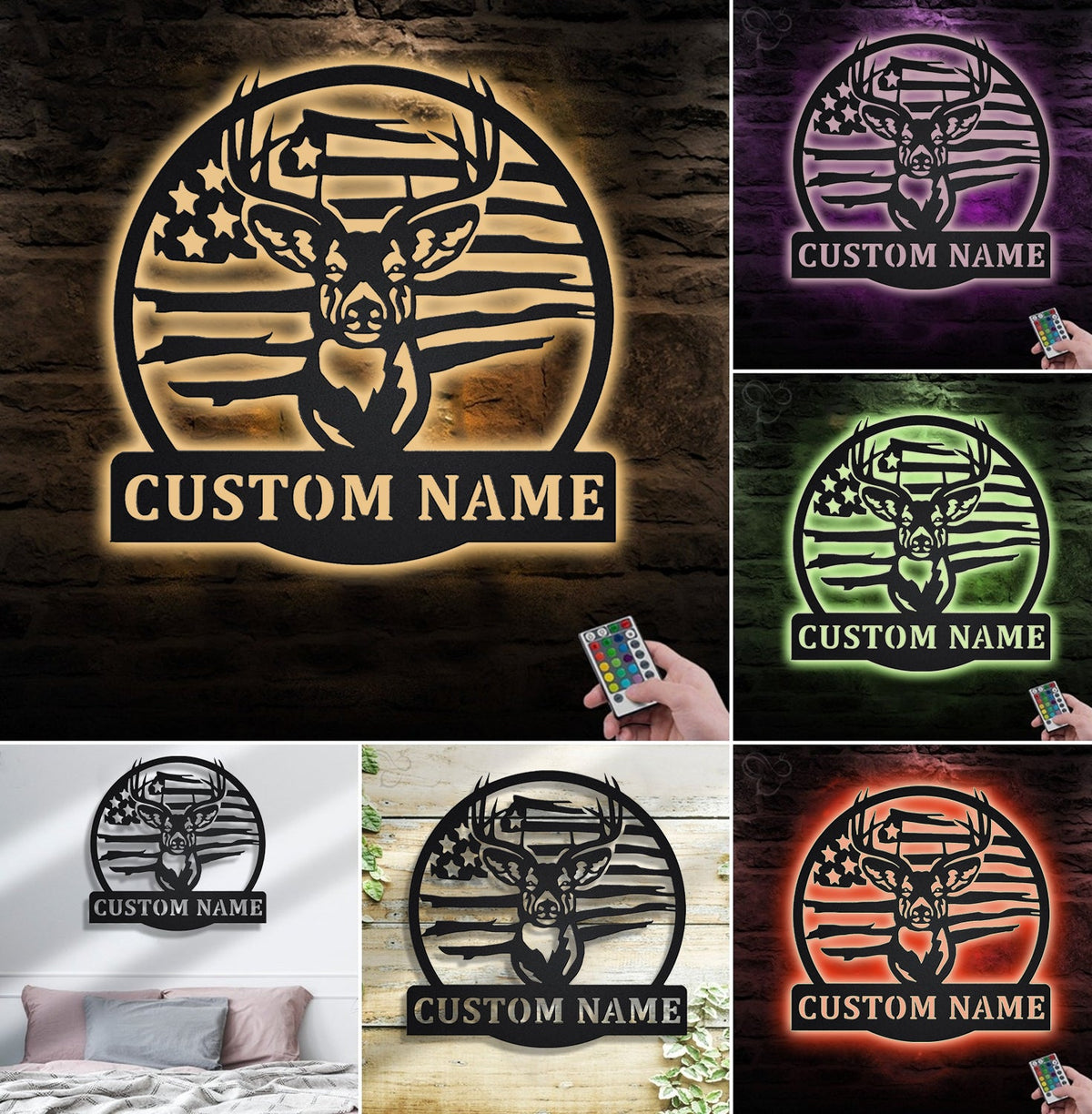 Custom Name American Flag Deer Hunting Metal Sign WITH LED/WITHOUT LED Light Rustic Lodge Wall Decor