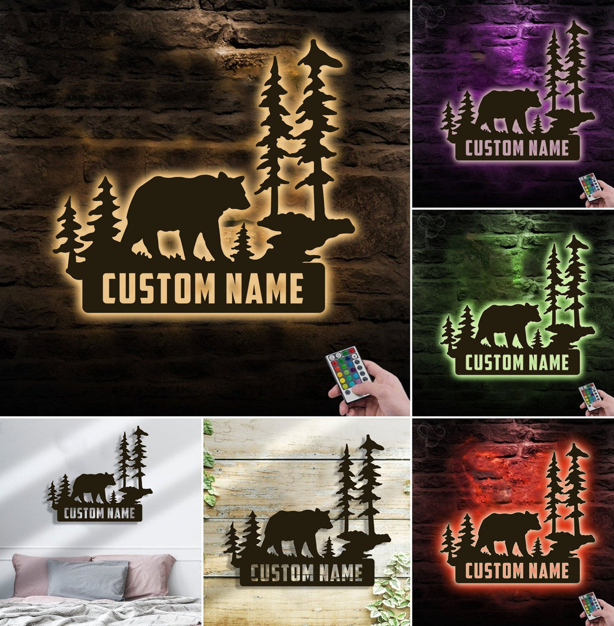 Personalized Bear Metal Sign WITH LED/WITHOUT LED Light Custom Name Mountain Scene Wall Art