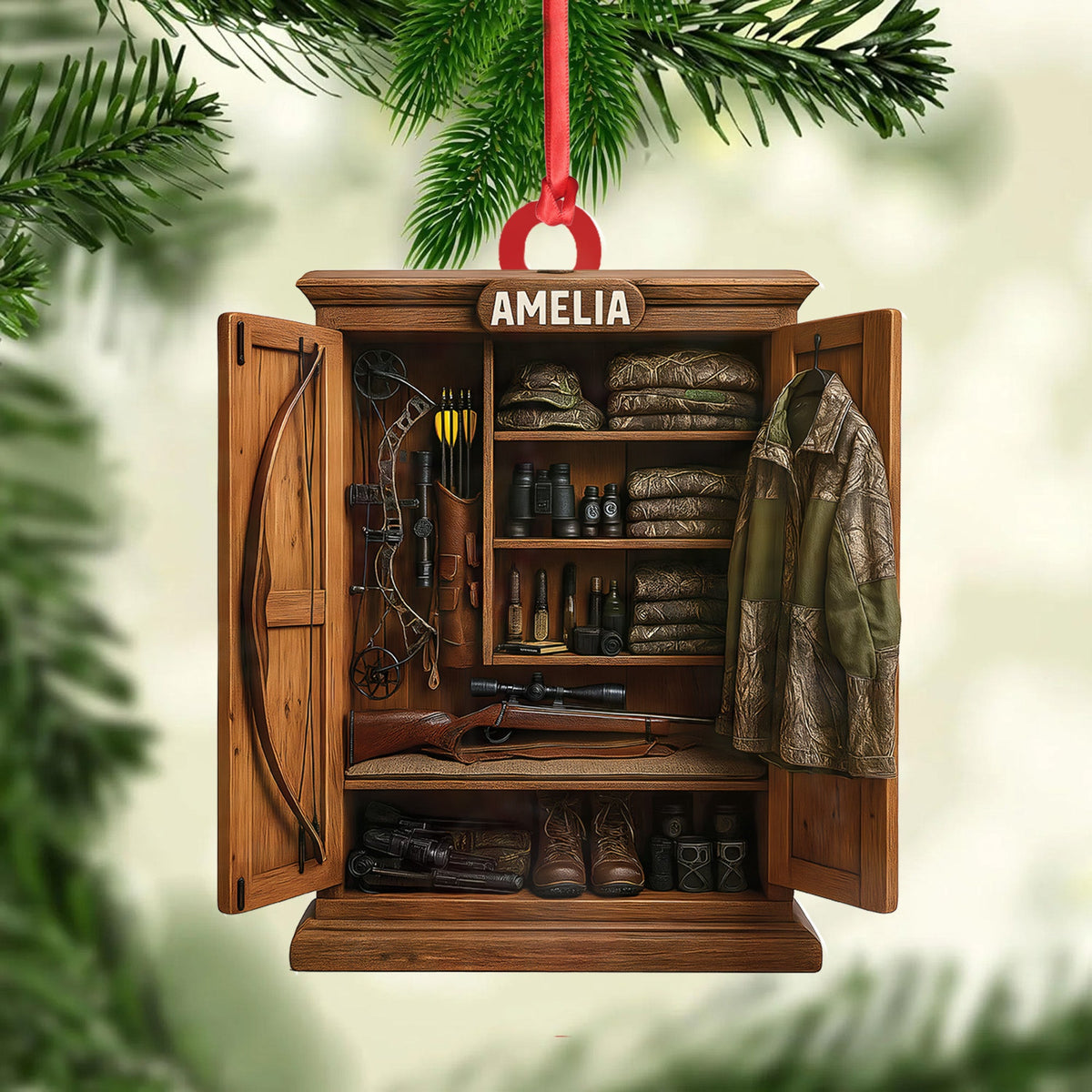 Personalized Hunter’s Gear Closet Ornament, Custom Name Hunting Equipment Christmas Decoration