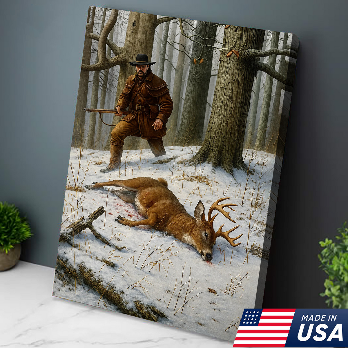 Deer Hunting Canvas Wall Art – Rustic Winter Forest Scene, Hunter with Rifle and Buck
