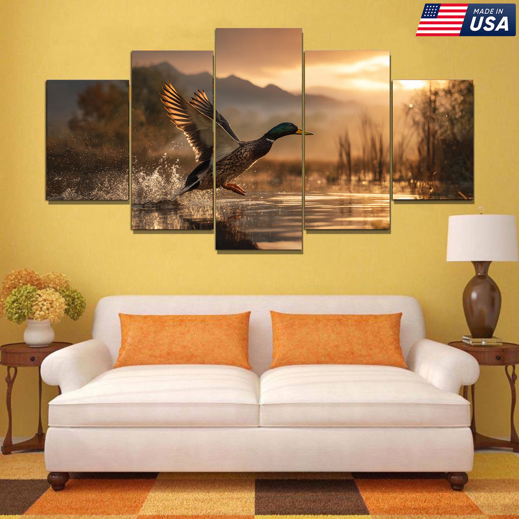 Flying Mallard at Dawn Canvas Wall Art Print for Hunters - Stunning 5-Panel Duck Canvas