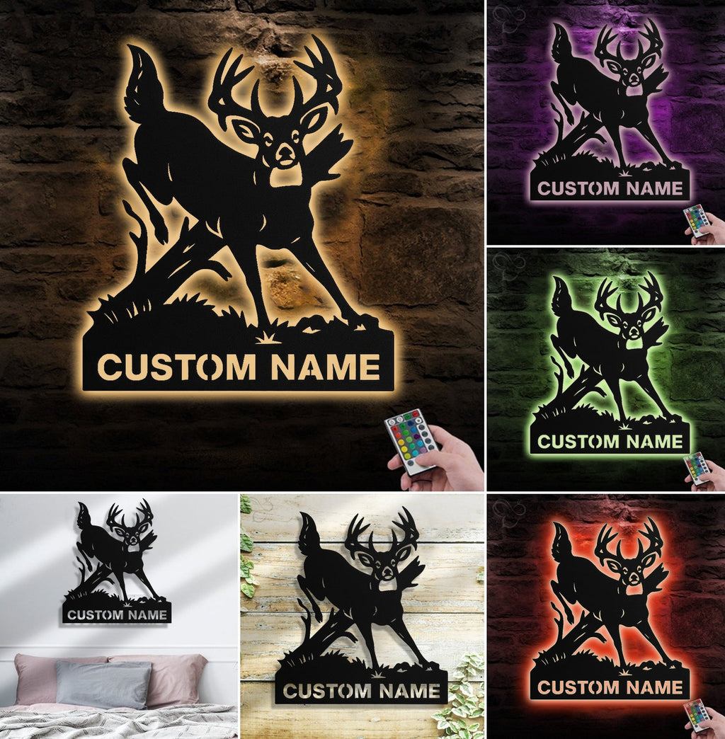 Personalized Deer Hunting Buck Metal Sign WITH LED/WITHOUT LED – Rustic Cabin Wall Decor