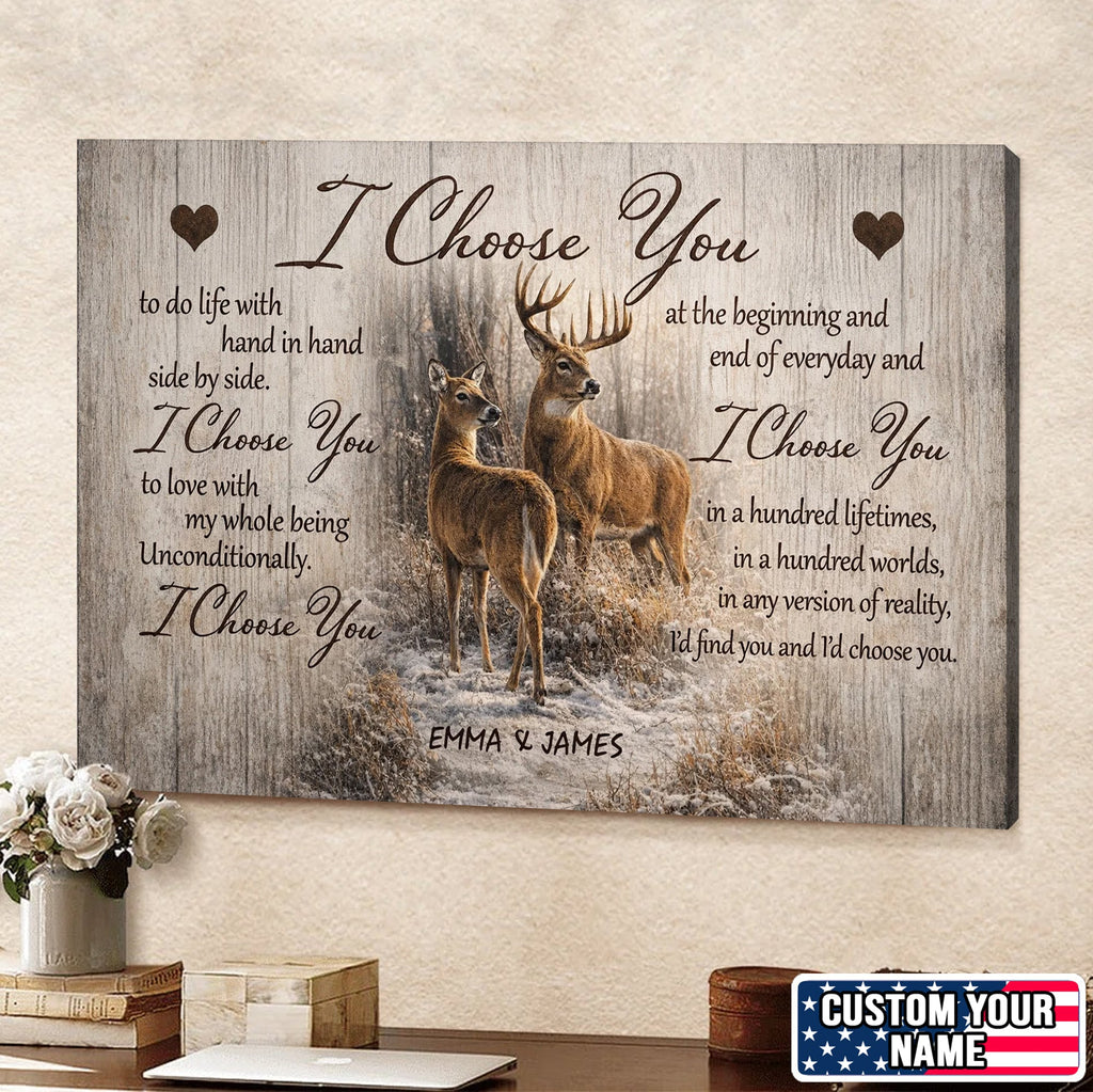 I Choose You Deer Couple Canvas Print, Romantic Woodland Love Wall Art Personalized Gift