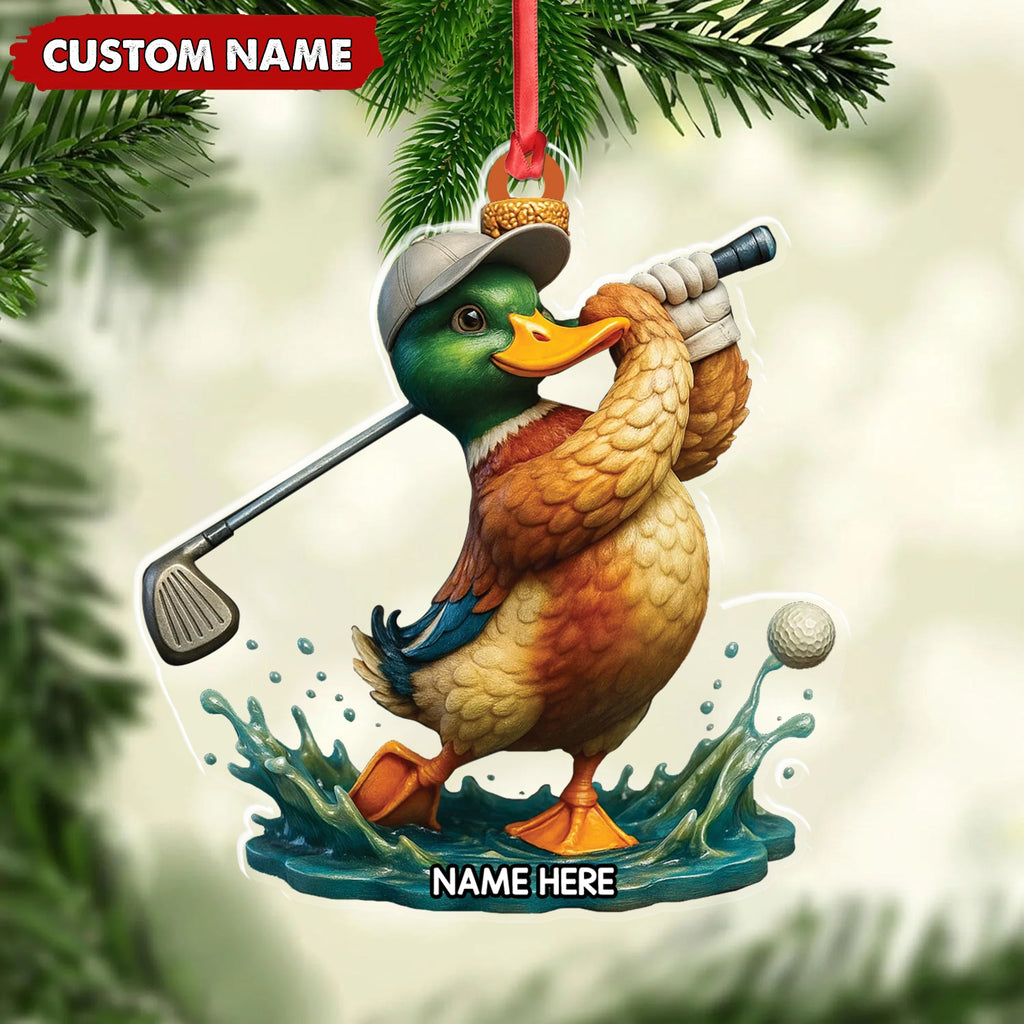 Personalized Acrylic Duck Golf Christmas Ornament – Custom Name Funny Hunter Gift for Golf Lovers