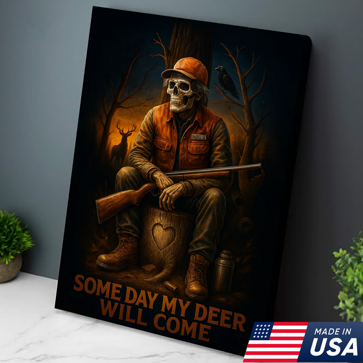 Funny Deer Hunting Canvas Wall Art – Skeleton Hunter with Rifle, Rustic Lodge Decor