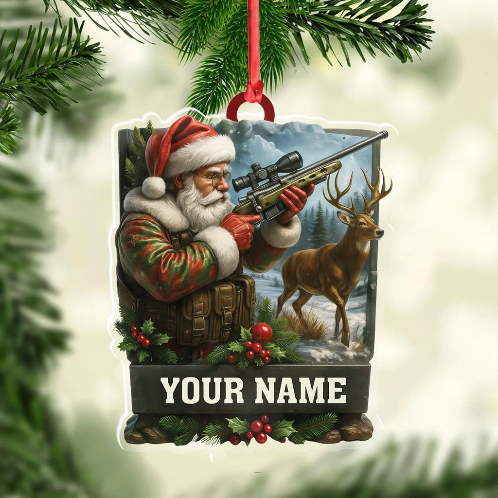 Custom Name Santa Hunter Ornament, Deer Hunting Christmas Tree Decor, Personalized Camo Gift