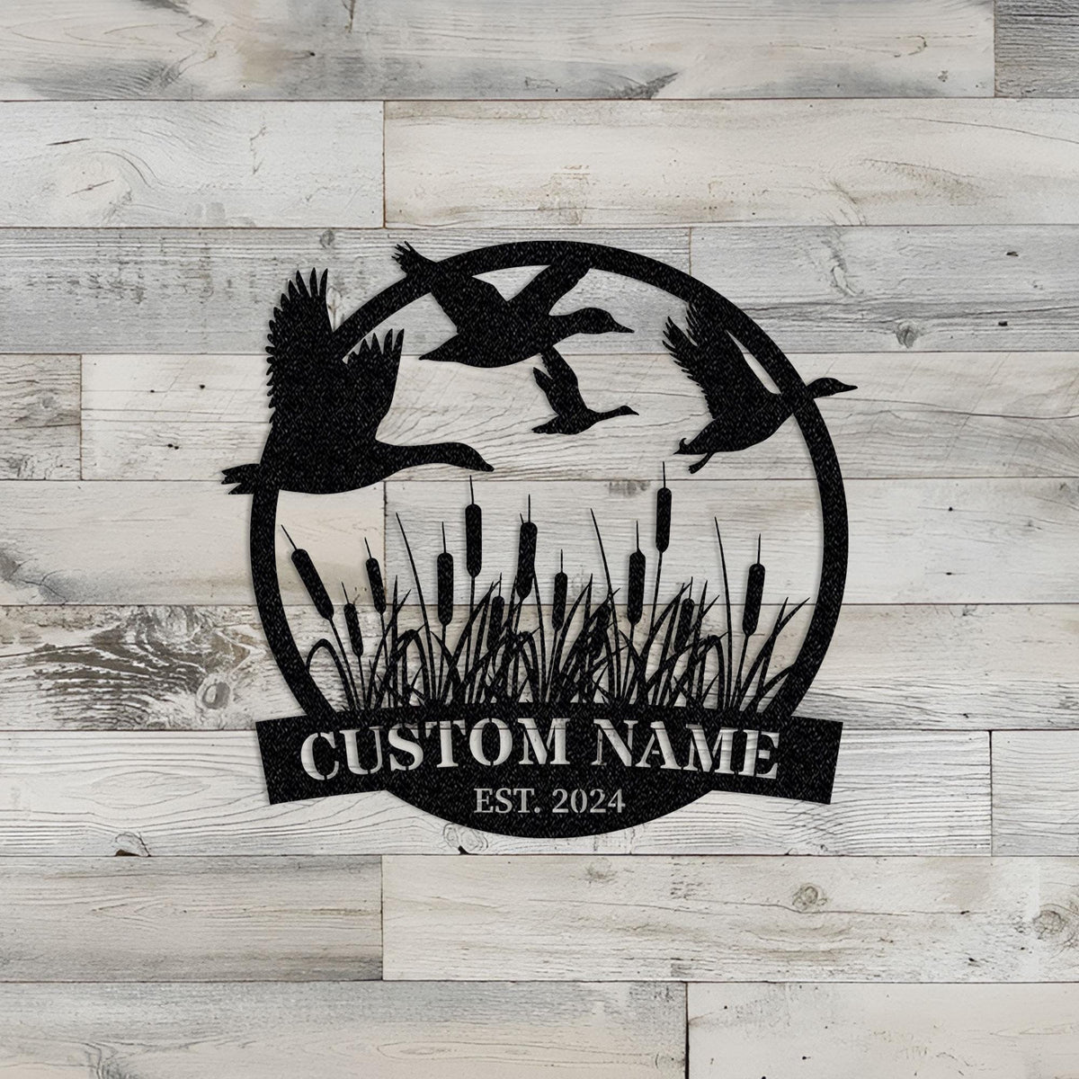 Personalized Flying Mallard Duck Metal Sign: Hunting Cabin Decor