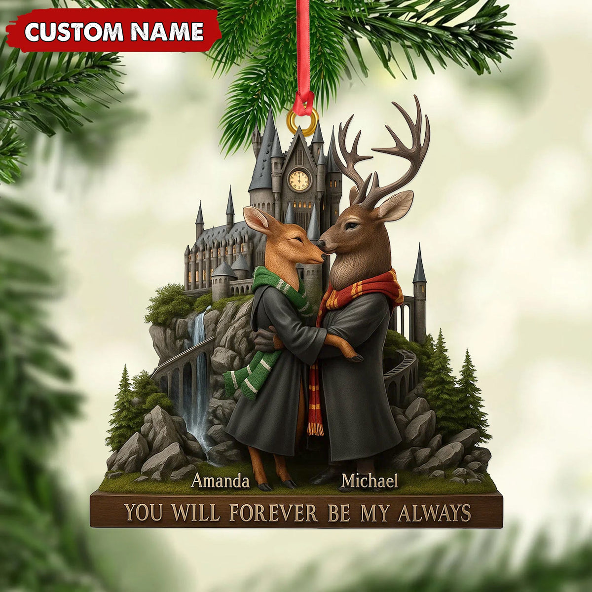 Personalized Wizard Castle Deer Couple Ornament, Custom Name Fantasy Lovers Christmas Gift, Magic School Romance Tree Decoration