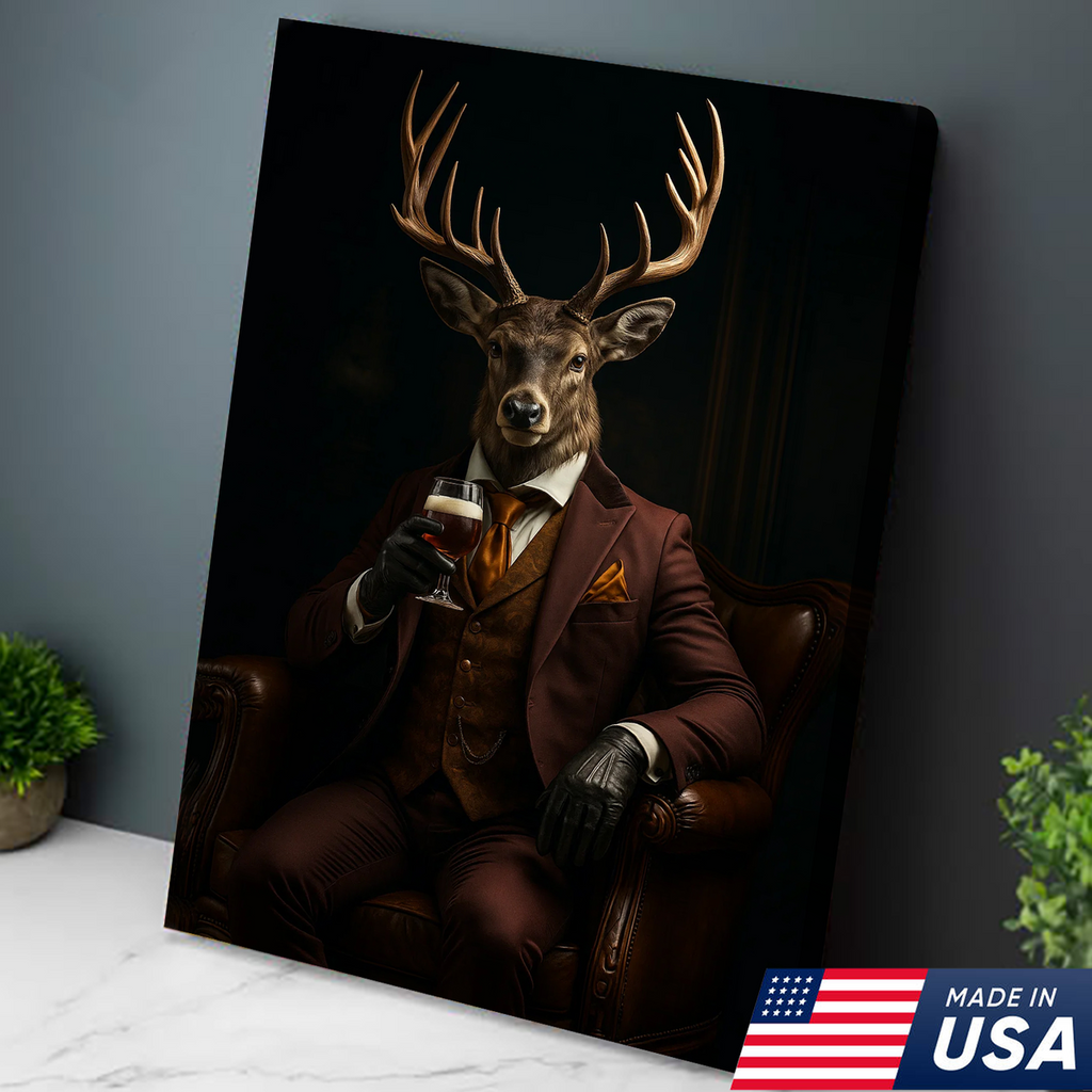 Deer Gentleman Canvas Wall Art – Rustic Lodge Decor, Anthropomorphic Buck in Suit