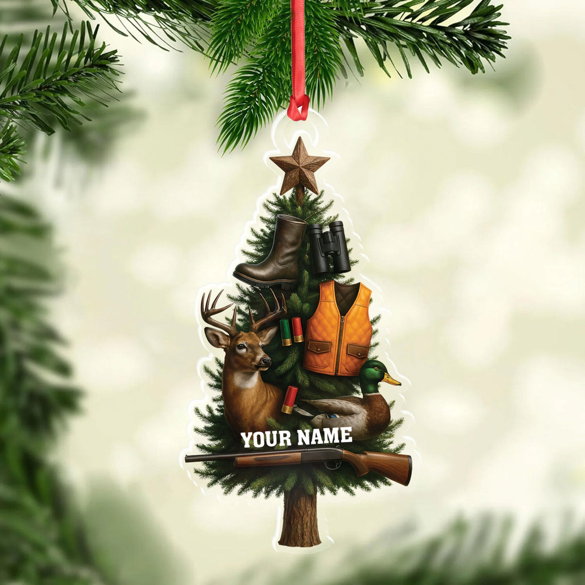 Custom Name Hunting Christmas Tree Ornament, Deer & Duck Hunter Decor, Personalized Outdoorsman Gift
