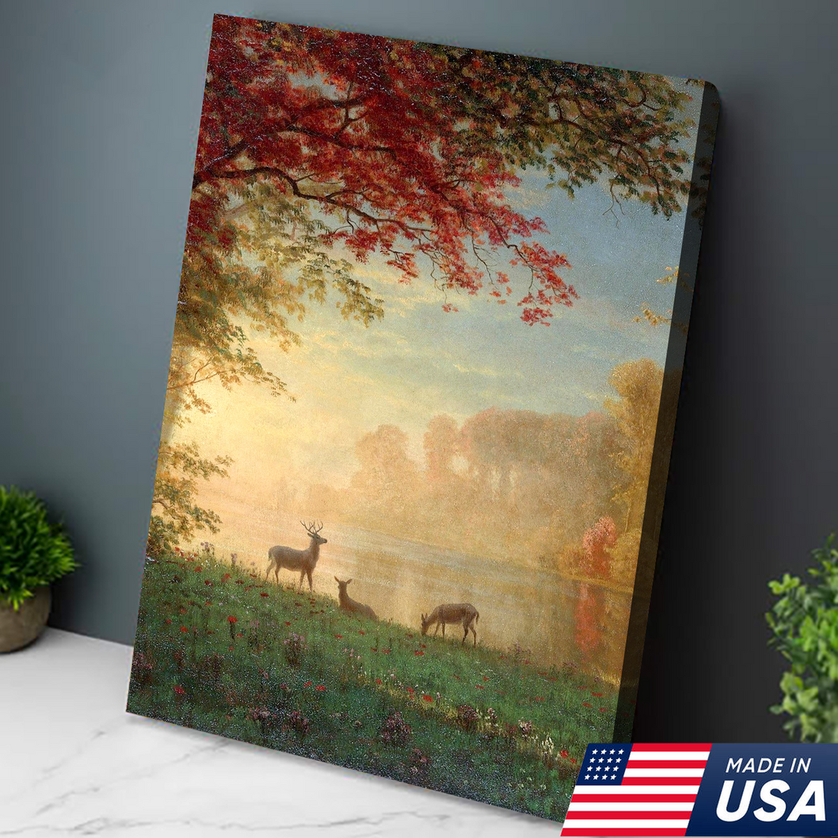 Sunrise Deer Meadow Canvas Wall Art, Autumn Lake Landscape Painting with Stag and Does