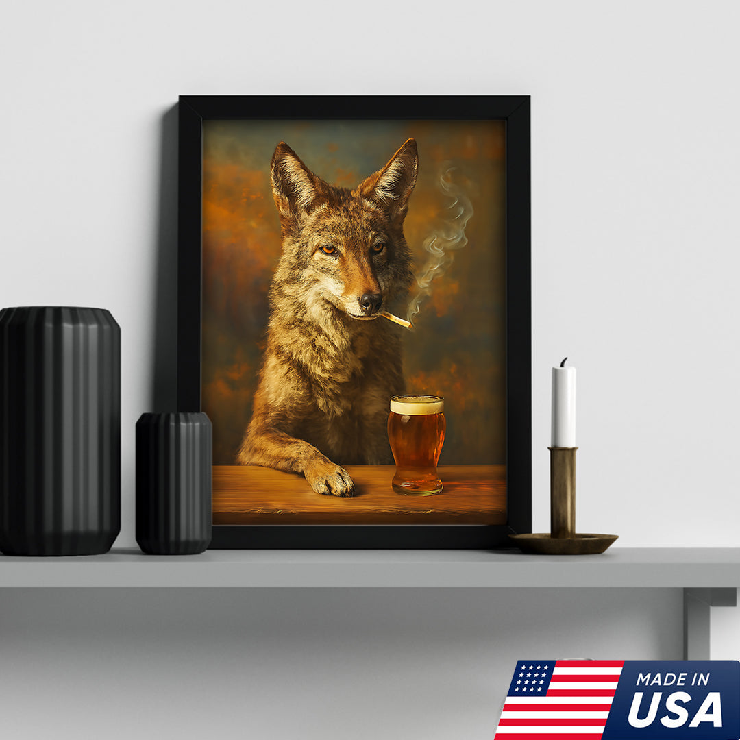 Smoking Wolf Coyote with Cocktail Glasses Canvas – Funny Hunting Wall Art for Man Caves