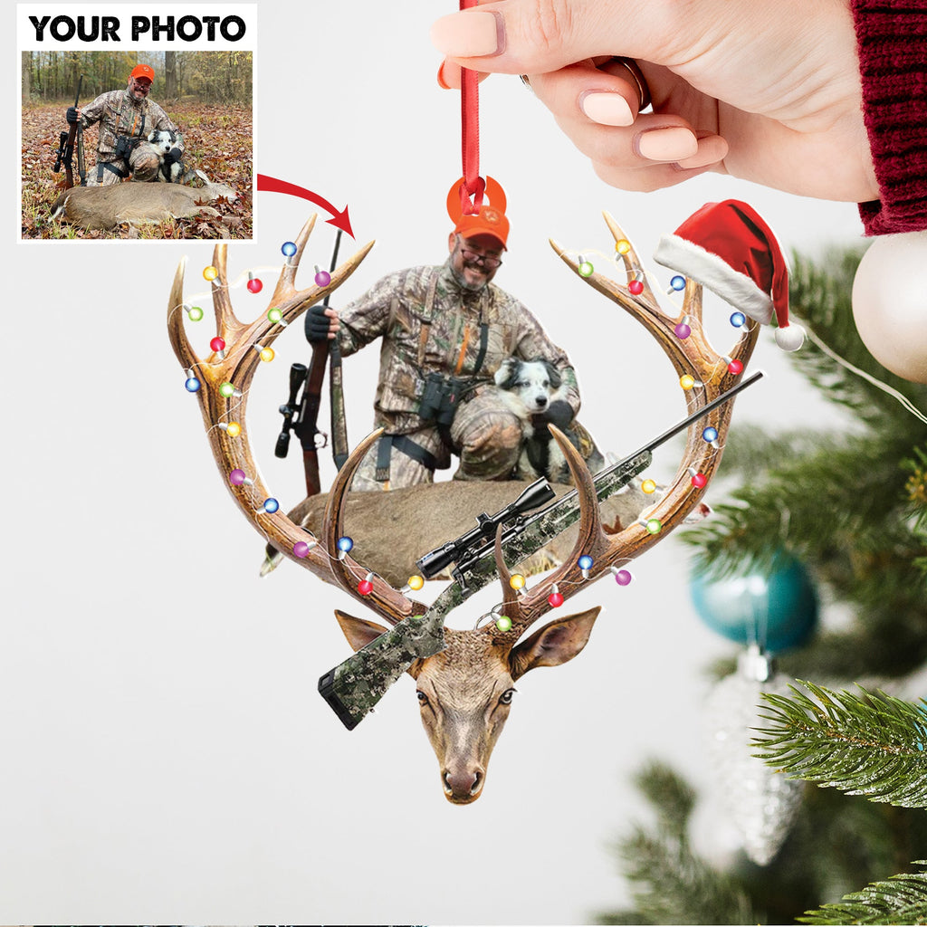 Personalized Hunting Aclyric Christmas Ornament – Custom Photo Deer Antler Gift for Hunters