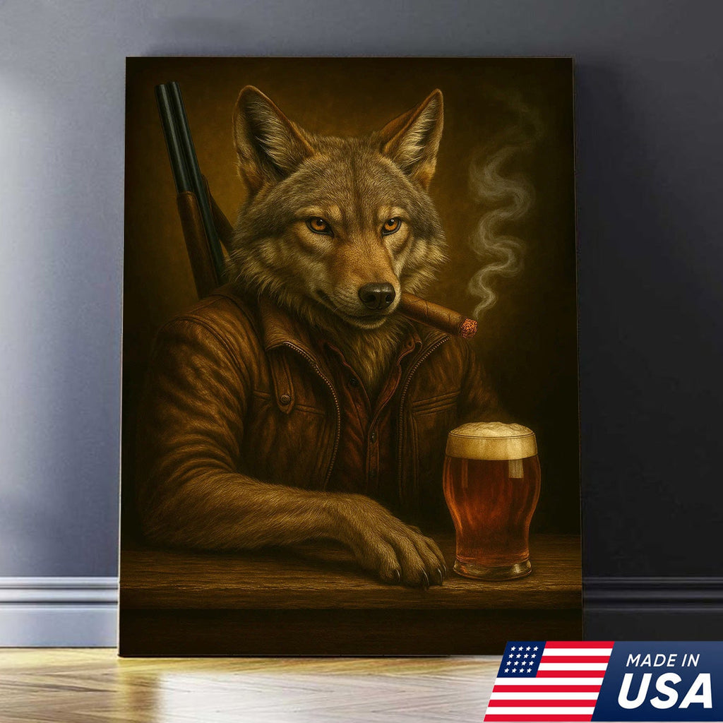 Alpha Wolf Coyote Canvas Wall Art – Fierce Surreal Portrait with Beer Glass, Bold Wilderness Decor