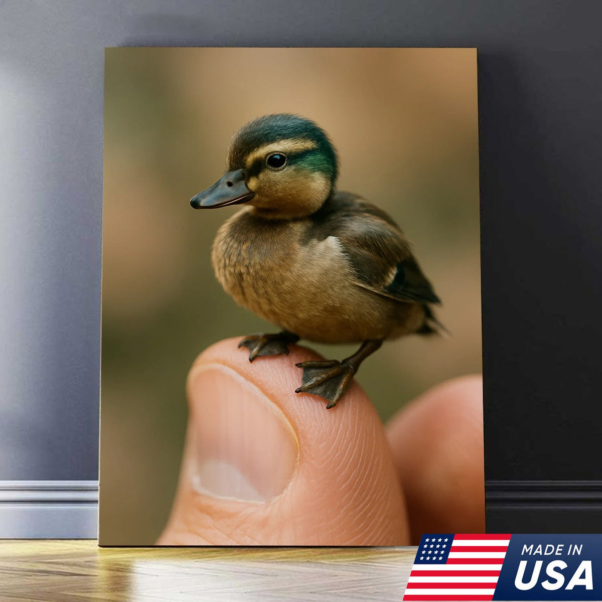 Cute Baby Duck Canvas Wall Art - Adorable Duckling Perched on Finger