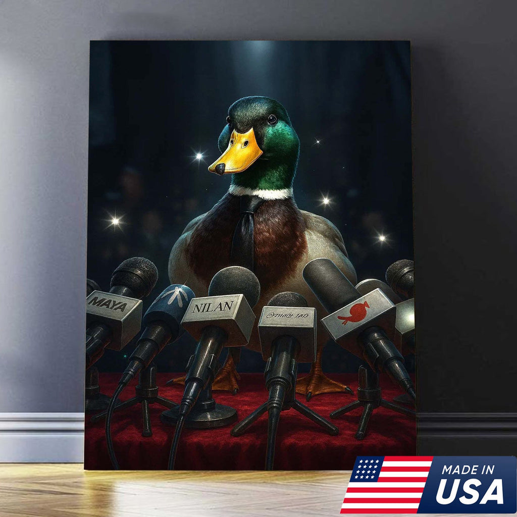 Confident Duck Press Conference Canvas Wall Art, Funny Animal Leader Humor Artwork