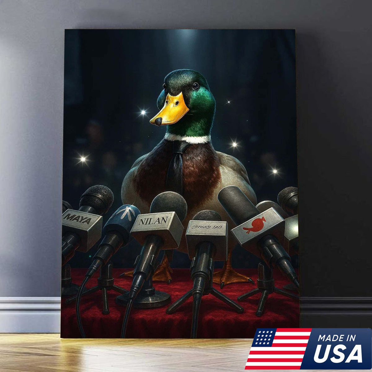 Confident Duck Press Conference Canvas Wall Art, Funny Animal Leader Humor Artwork