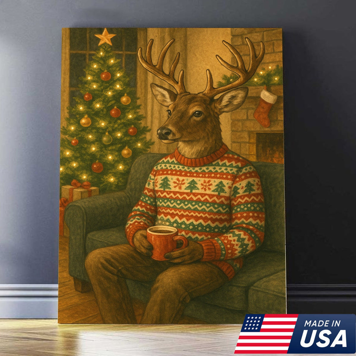 Cozy Christmas Deer Canvas Wall Art Print – Holiday Reindeer With Hot Cocoa