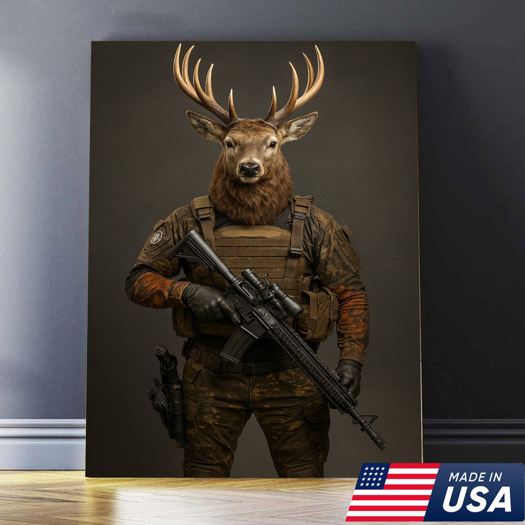 Tactical Deer Soldier Wall Art Canvas – Military Buck Canvas Print for Man Cave & Hunter Decor