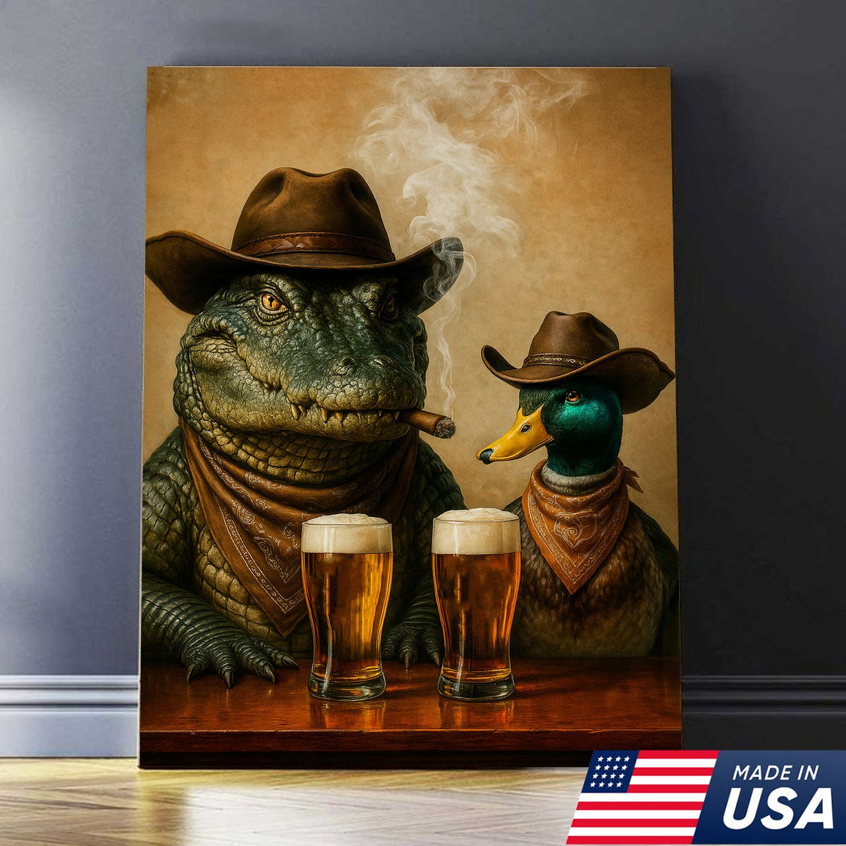 Funny Alligator and Duck Cowboy Canvas – Rustic Wildlife Bar Wall Art Gift for Hunters and Lodge