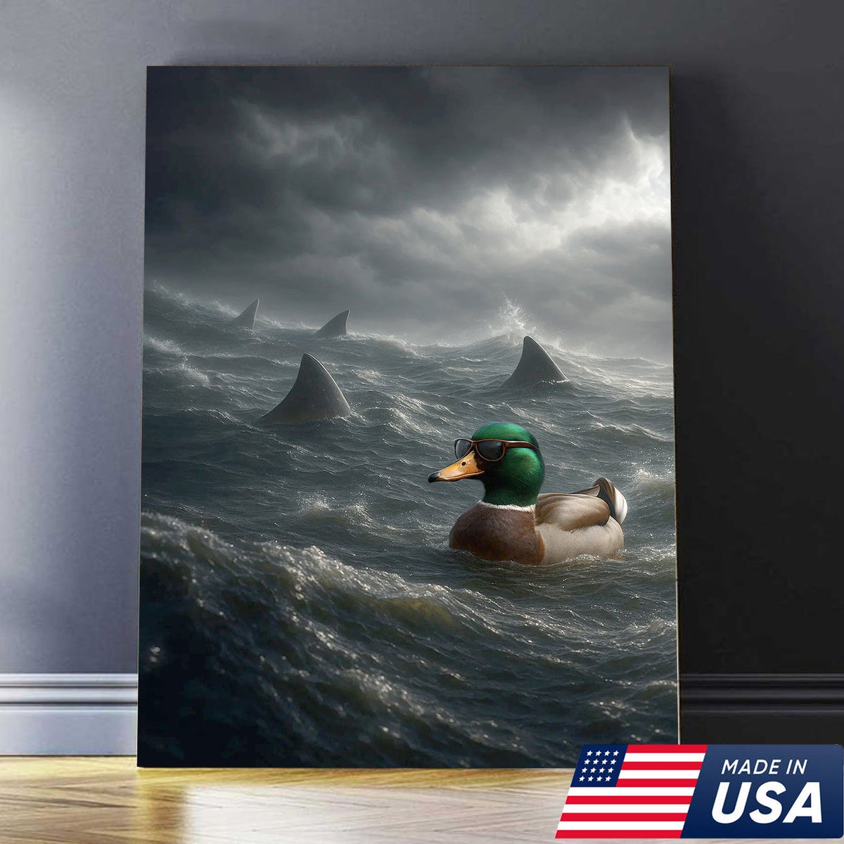 Funny Duck in Shark Infested Waters Canvas Wall Art, Cool Sunglasses Duck Ocean Storm Print