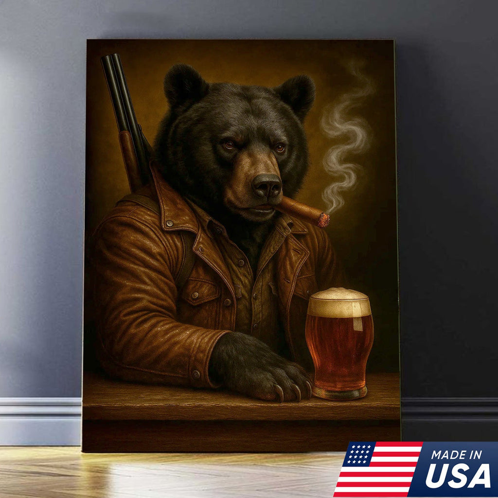 Black Bear Canvas Wall Art – Surreal Hunter Portrait with Beer Glass, Rustic Lodge Decor