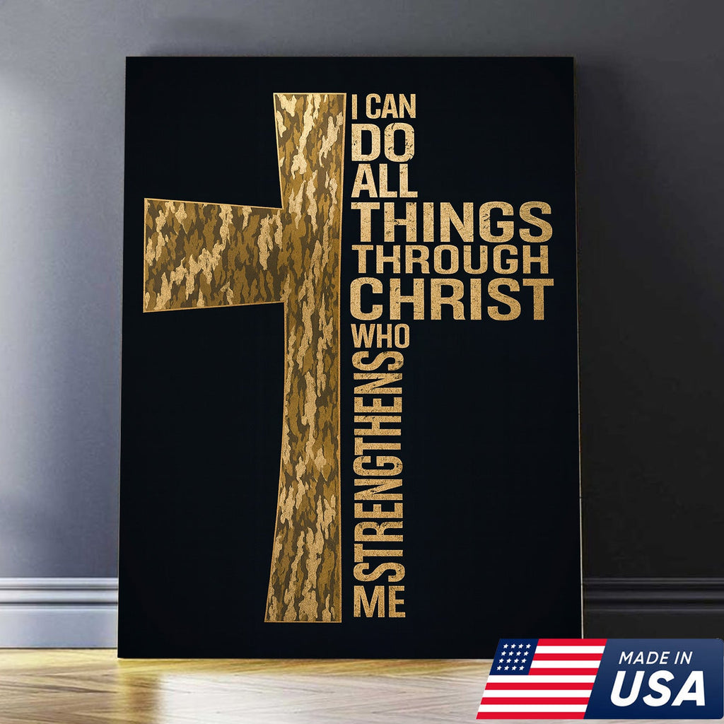 Camo Cross Christian Canvas Wall Art, Philippians 413 I Can Do All Things Through Christ Verse