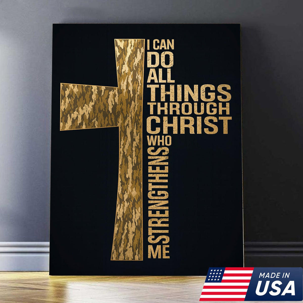 Camo Cross Christian Canvas Wall Art, Philippians 413 I Can Do All Things Through Christ Verse