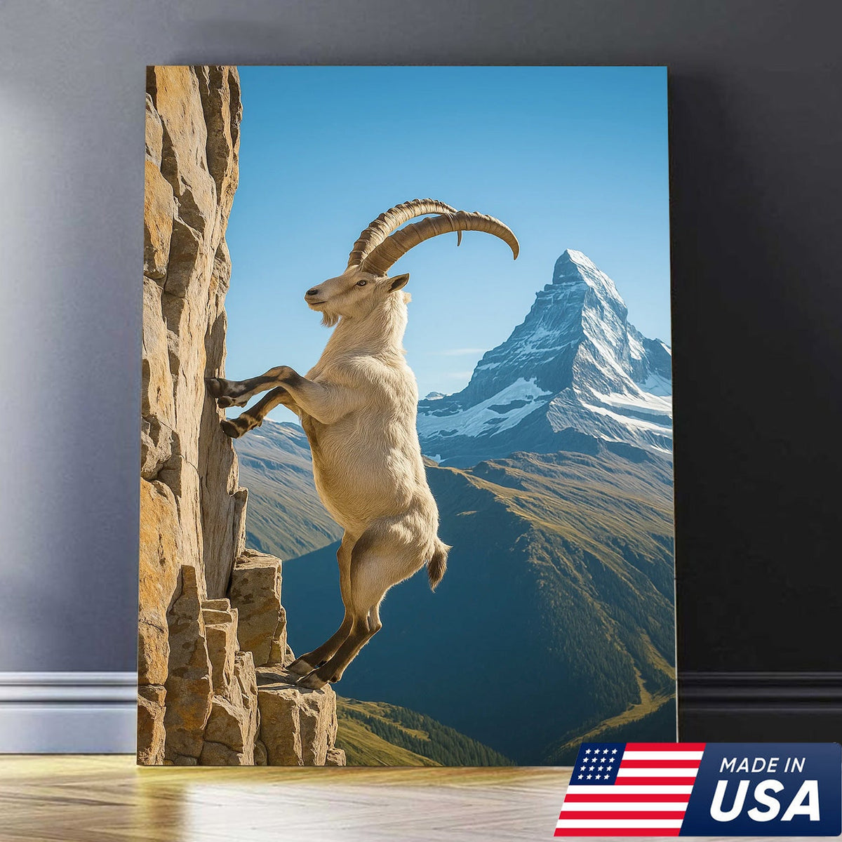 Alpine Ibex Climbing Cliff Canvas Wall Art, Matterhorn Mountain Landscape Print
