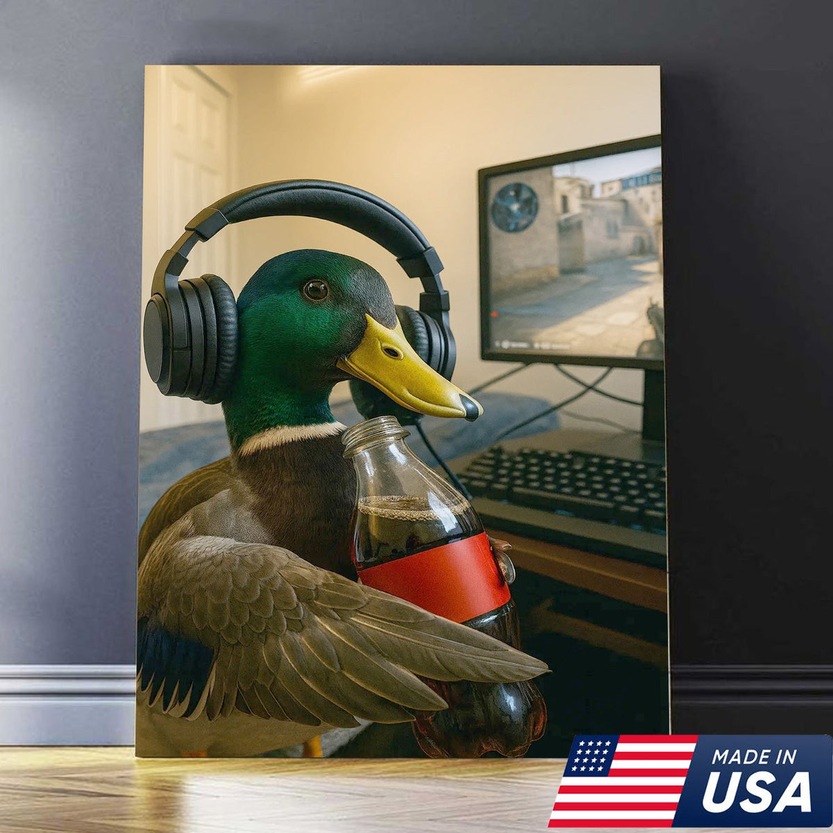 Funny Gamer Duck Canvas Wall Art, Mallard With Headphones and Soda