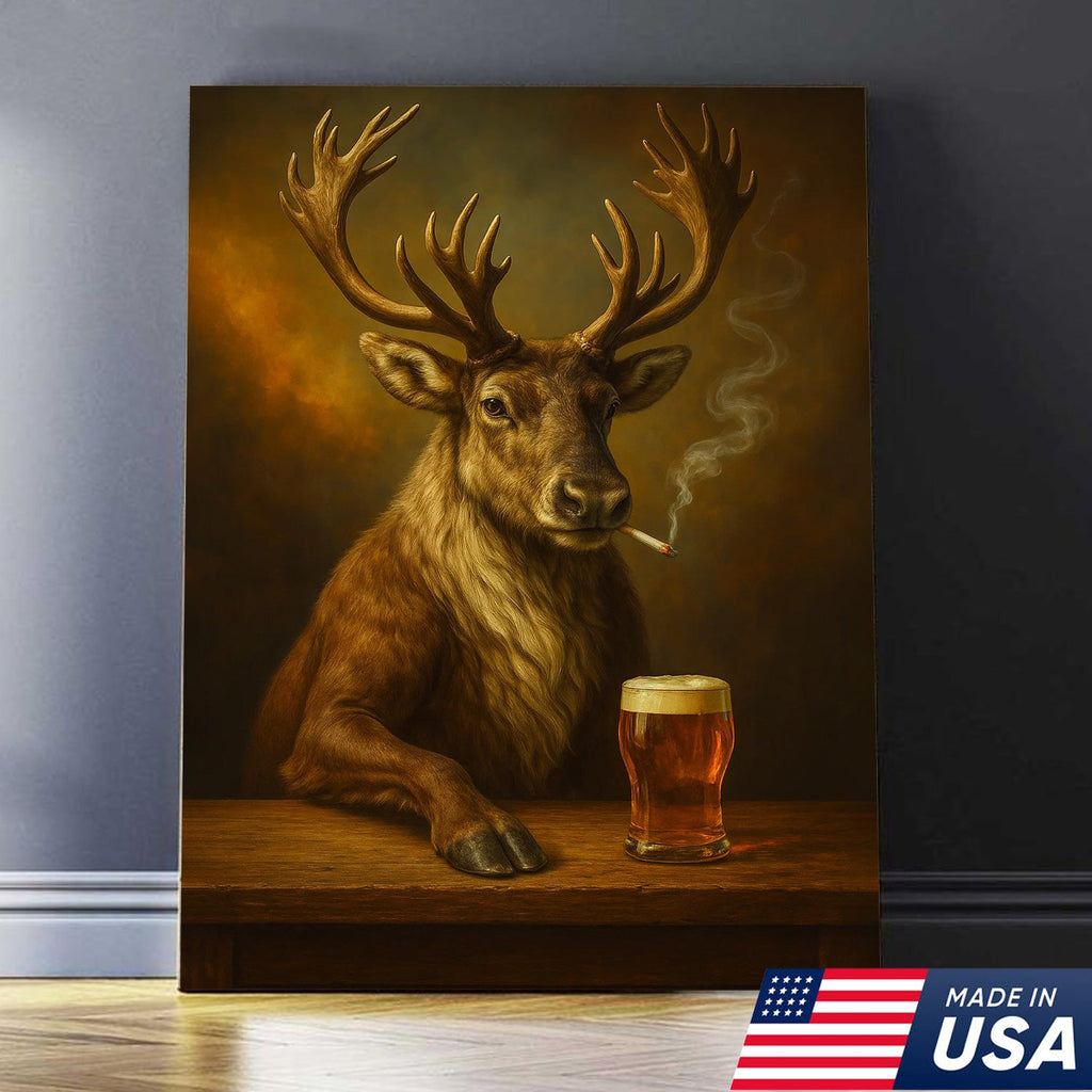 Rustic Caribou Canvas Wall Art – Majestic Caribou with Beer Glass – Hunting Cabin Lodge Decor